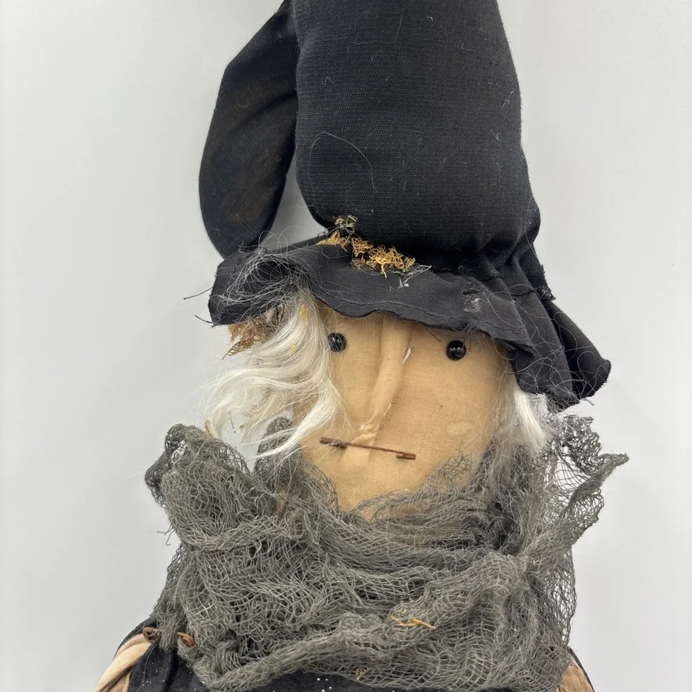Handmade Scary Witch Doll with Crow Primitive Halloween Folk Art Decor 33in